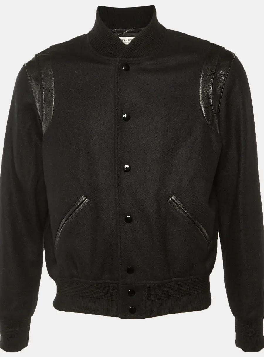 Saint Laurent Paris Black Wool & Leather Trim Bomber Jacket M