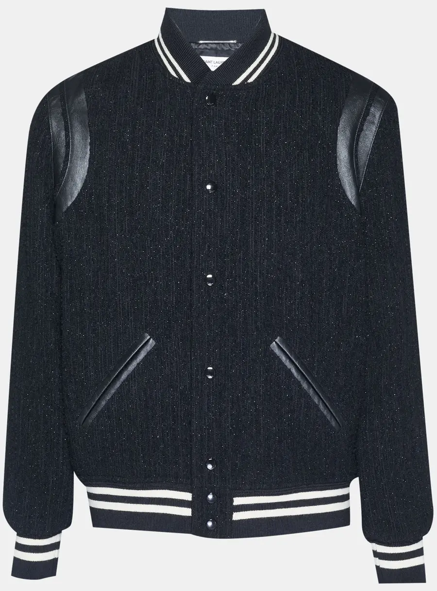 Saint Laurent Black Leather Trim Tweed Varsity Jacket XXL