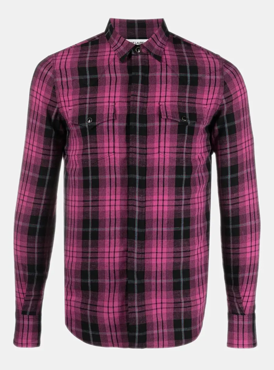 Saint Laurent Purple Check Print Linen Blend Slim Fit Western Shirt S