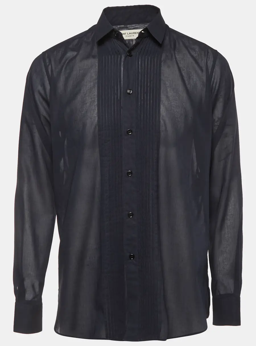Saint Laurent Navy Blue Cotton Voile Pintuck Shirt L