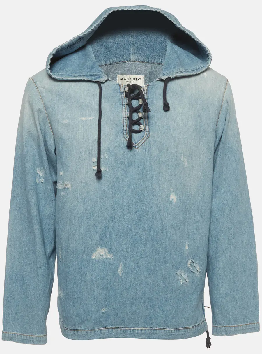 Saint Laurent Blue Distressed Denim Hoodie S