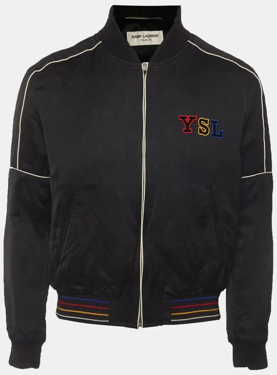 Saint Laurent Black Logo Embroidered Satin Bomber Jacket M