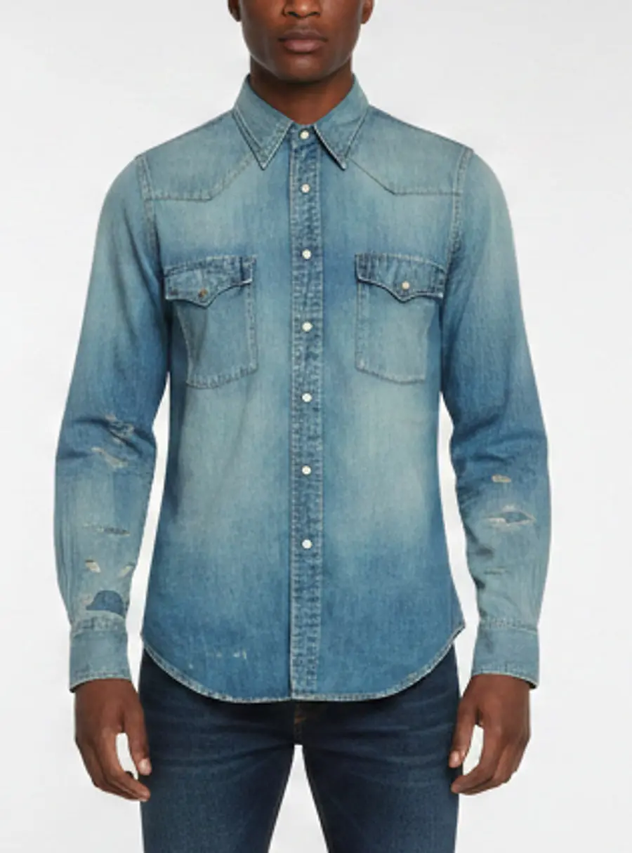 Saint Laurent Blue Distressed Denim Western Shirt S