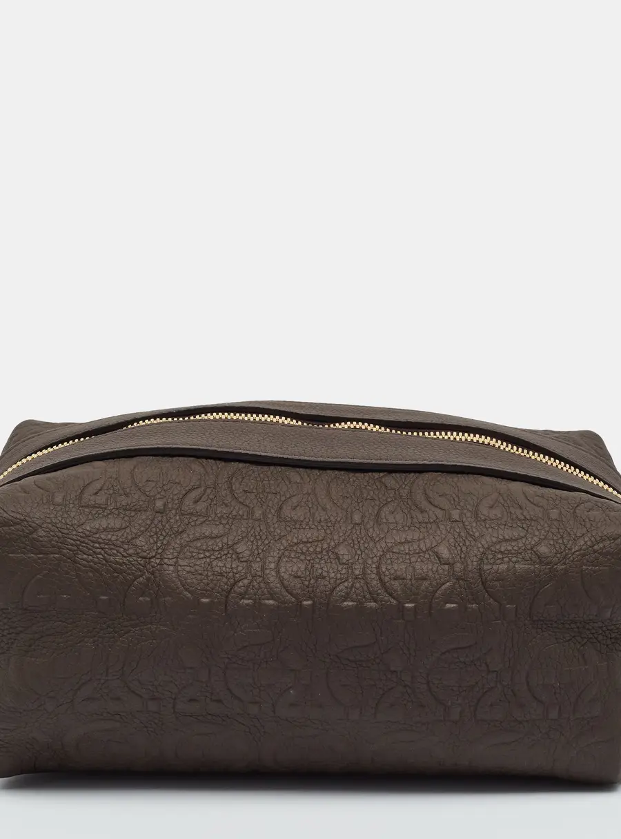 Salvatore Ferragamo Dark Brown Gancini Embossed Leather Toiletry Pouch