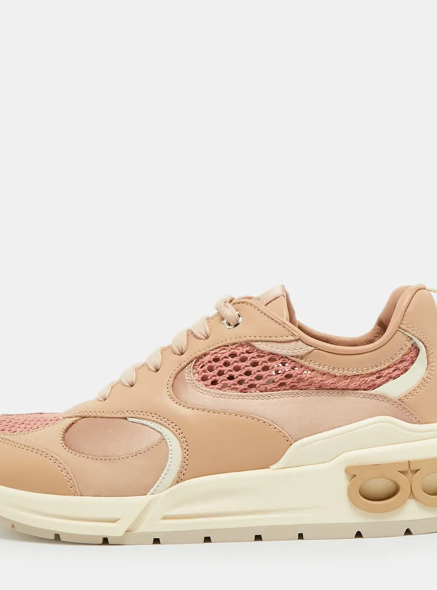 Salvatore Ferragamo Cosimina Size 40.5 Beige/Pink Leather and Mesh Lace Up Sneakers