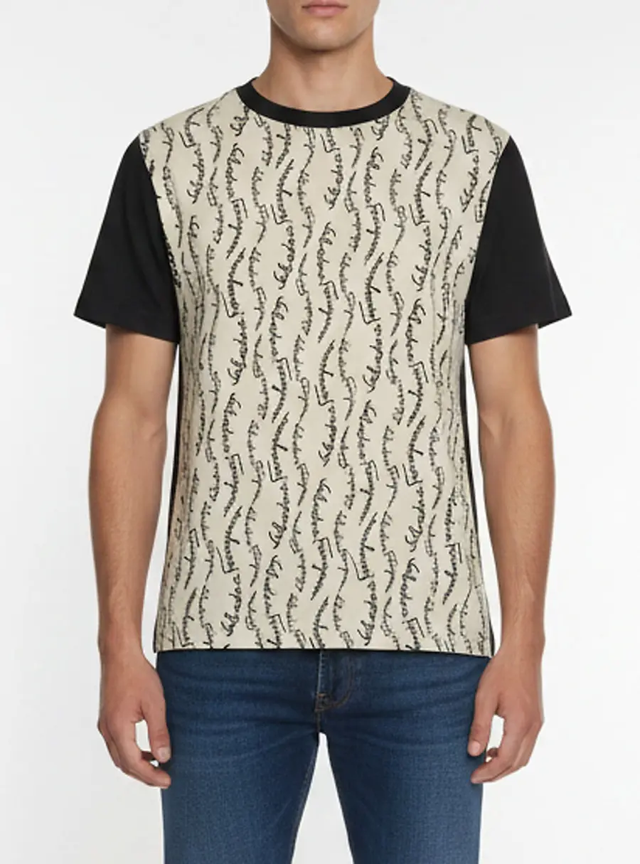 Salvatore Ferragamo Beige/Black Logo Print Crepe and Jersey T-Shirt S