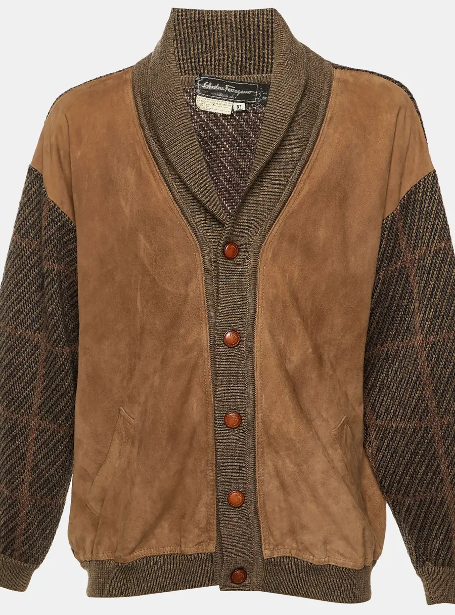 Salvatore Ferragamo Vintage Brown Suede & Wool Knit Cardigan XL