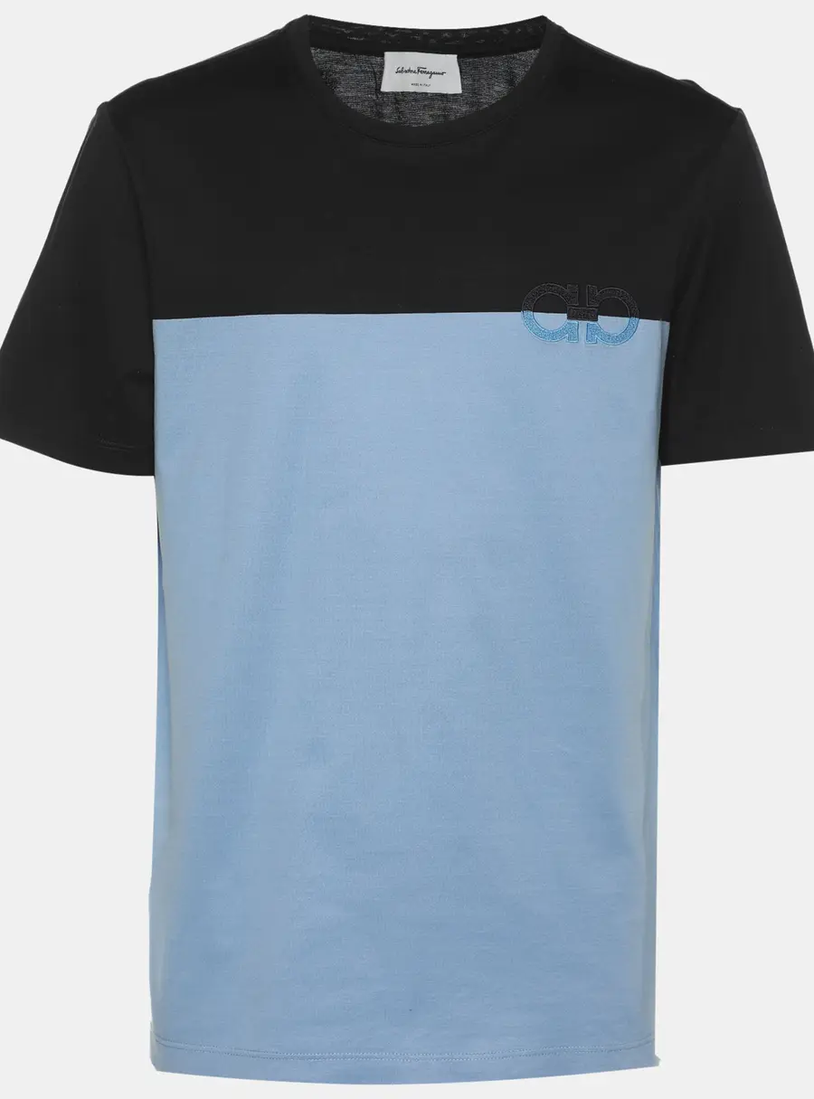 Salvatore Ferragamo Black/Blue Logo Embroidered T-Shirt L