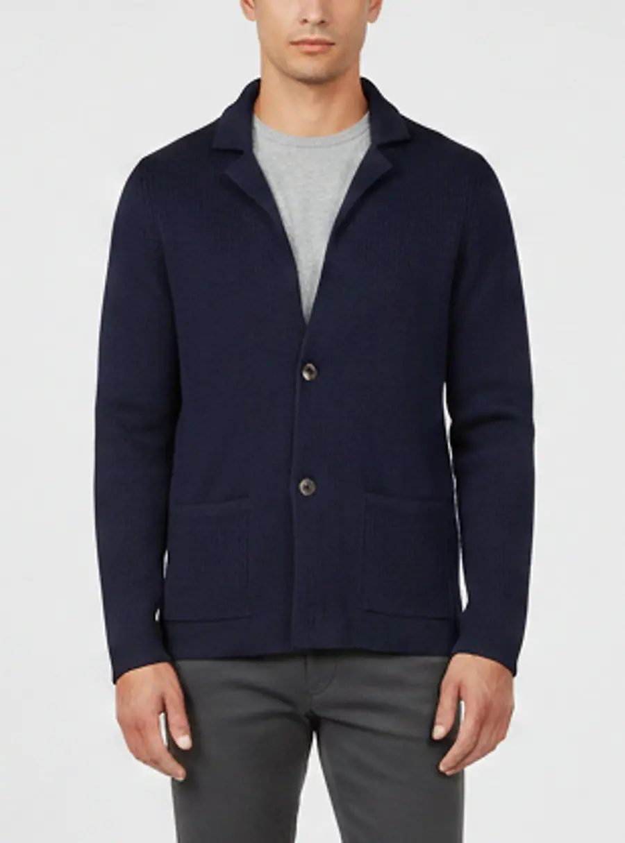 Salvatore Ferragamo Navy Rib Knit Wool Open Front Cardigan M