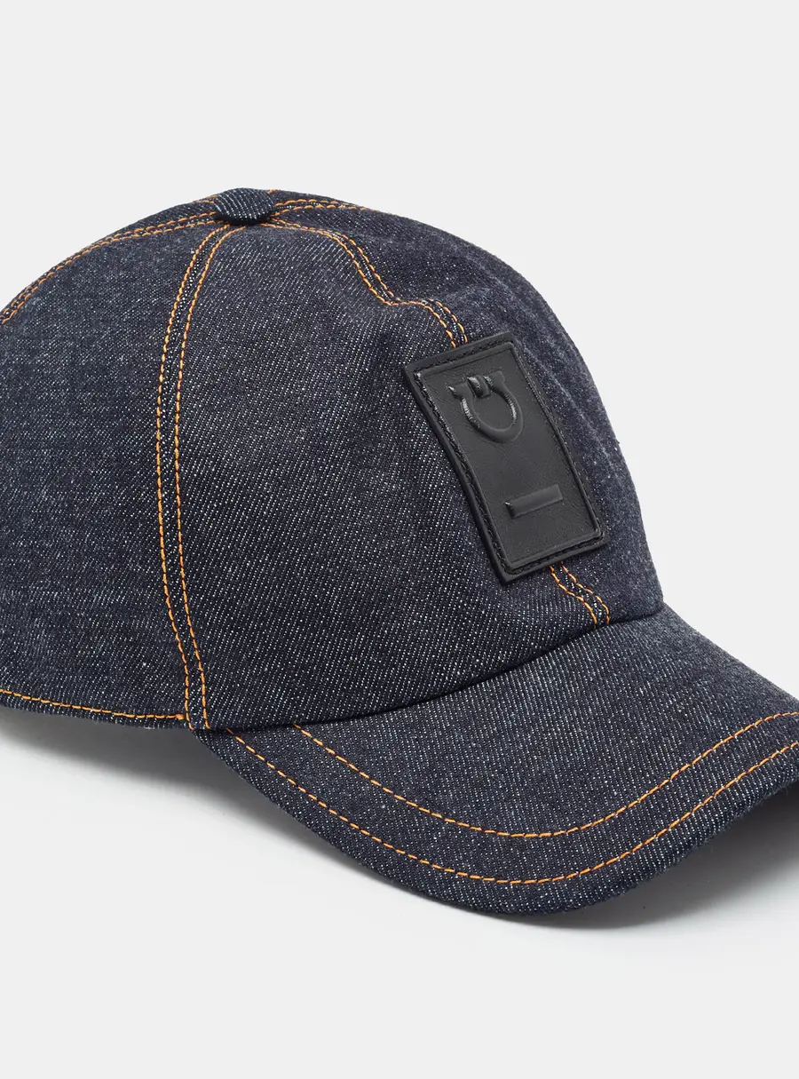 Salvatore Ferragamo Blue Gancini Patch Denim Baseball Cap One Size