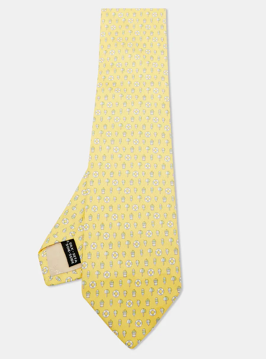 Salvatore Ferragamo Yellow Beach Theme Print Silk Tie