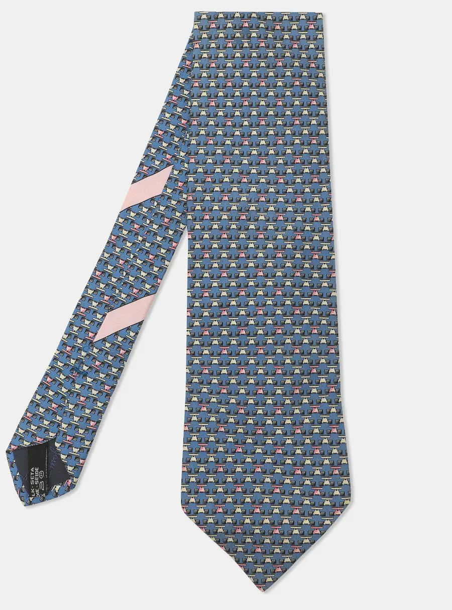 Salvatore Ferragamo Blue/Pink F1 Race Printed Silk Neck Tie