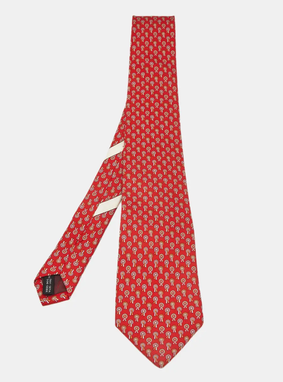 Salvatore Ferragamo Red Prize Ribbon Print Silk Tie