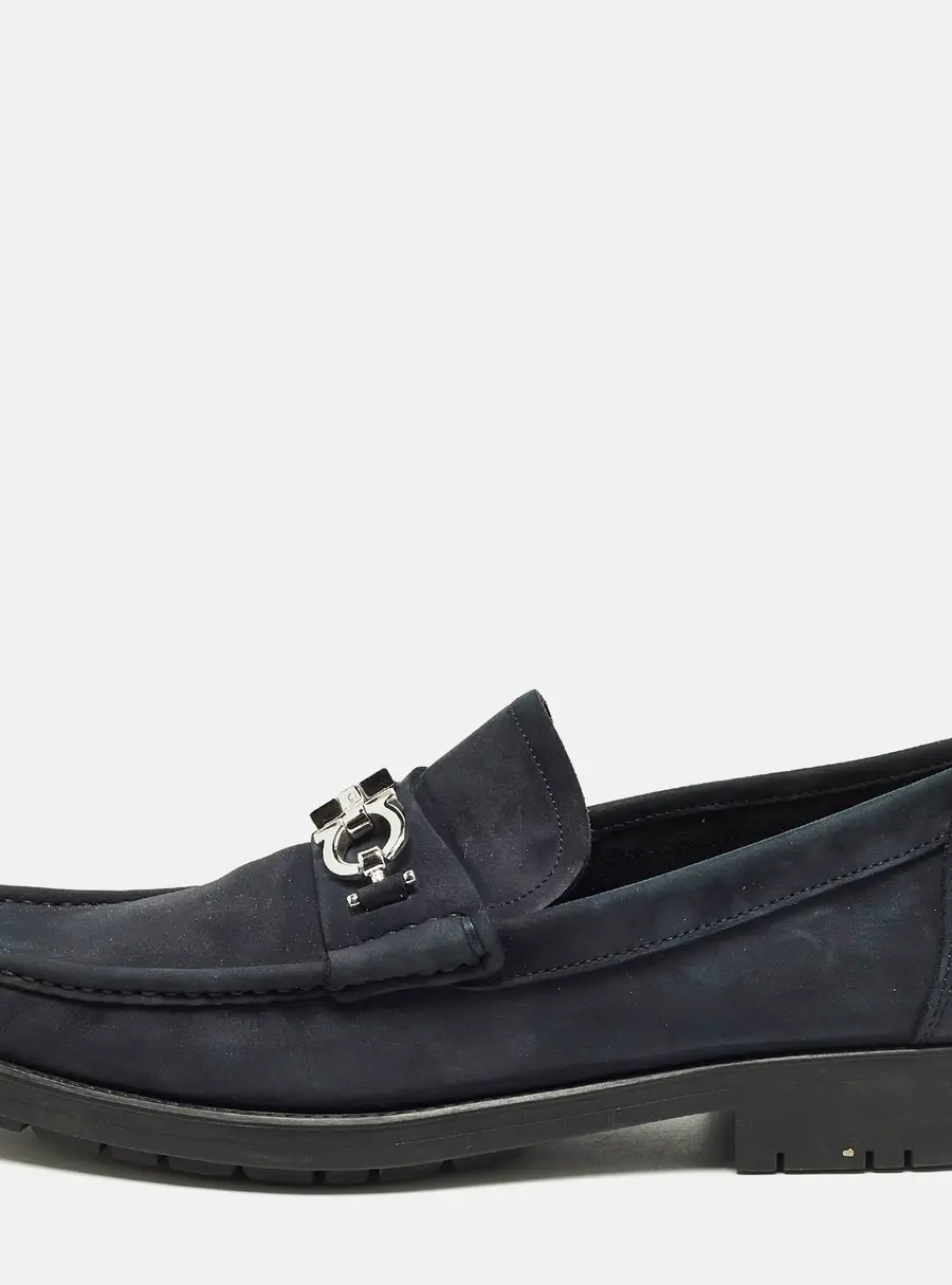 Salvatore Ferragamo Gancini Size 43 Navy Blue Nubuck Leather Slip On Loafers