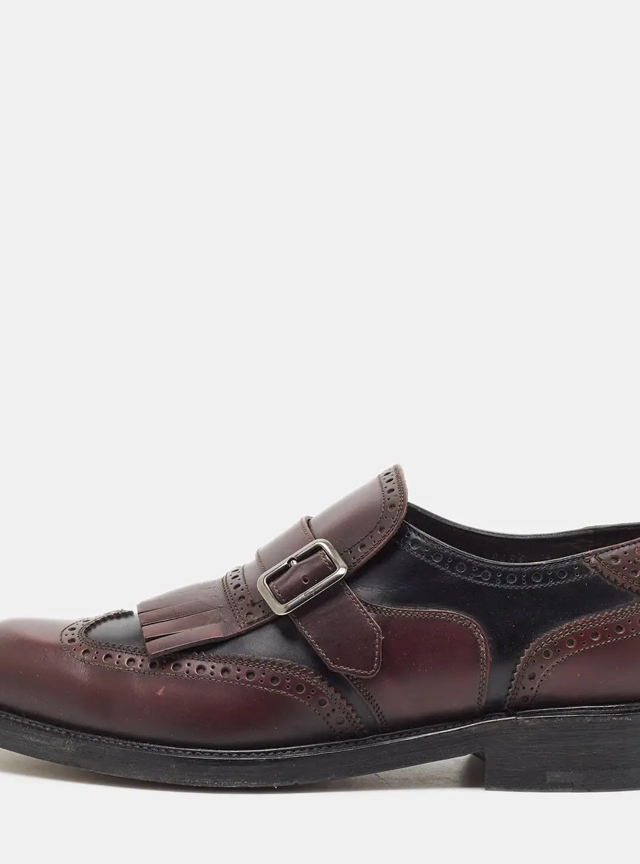 Salvatore Ferragamo Size 41 Burgundy/Black Brogue Leather Genesis Fringe Monk Strap