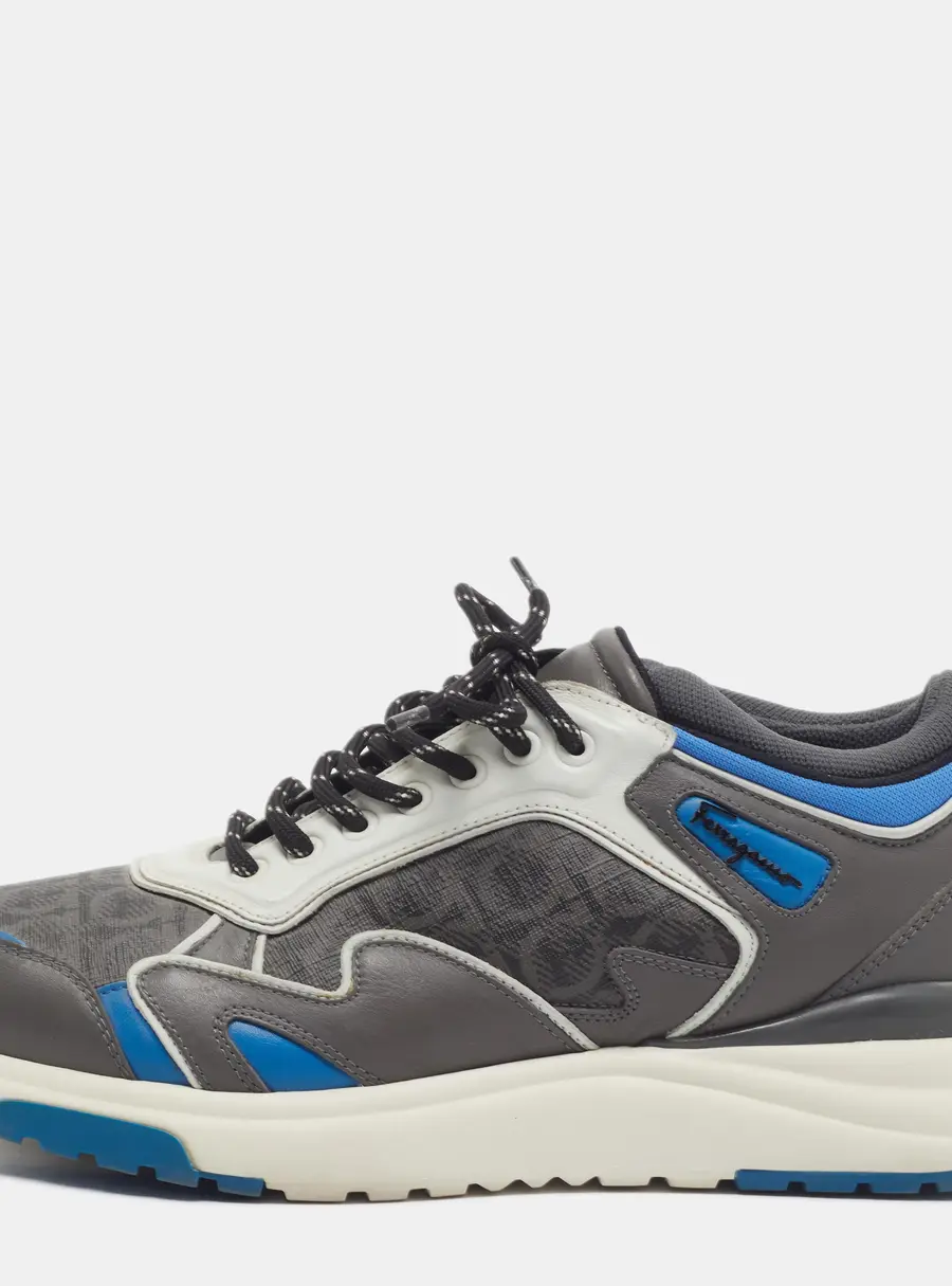 Salvatore Ferragamo Gancini Rainbow Size 42 Grey/Blue Canvas and Leather Lace Up Sneakers