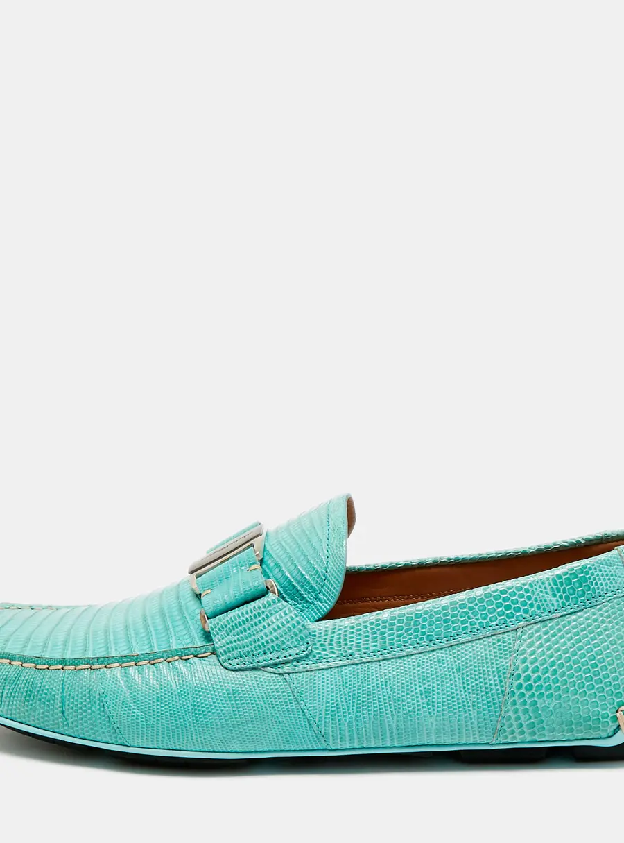 Salvatore Ferragamo Gancini Size 44 Green Leather and Lizard Leather Loafers