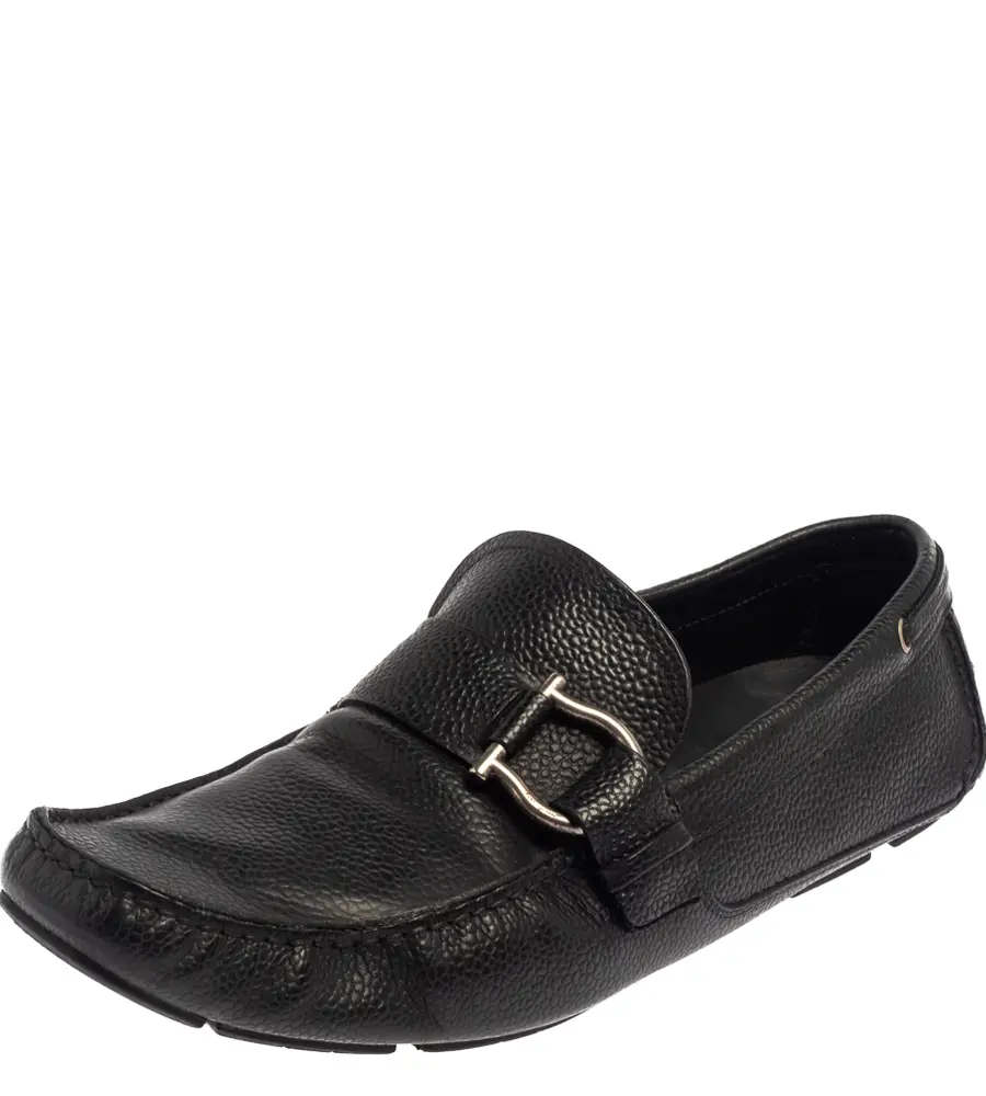 Salvatore Ferragamo Black Leather Gancio Slip On Loafers Size 44
