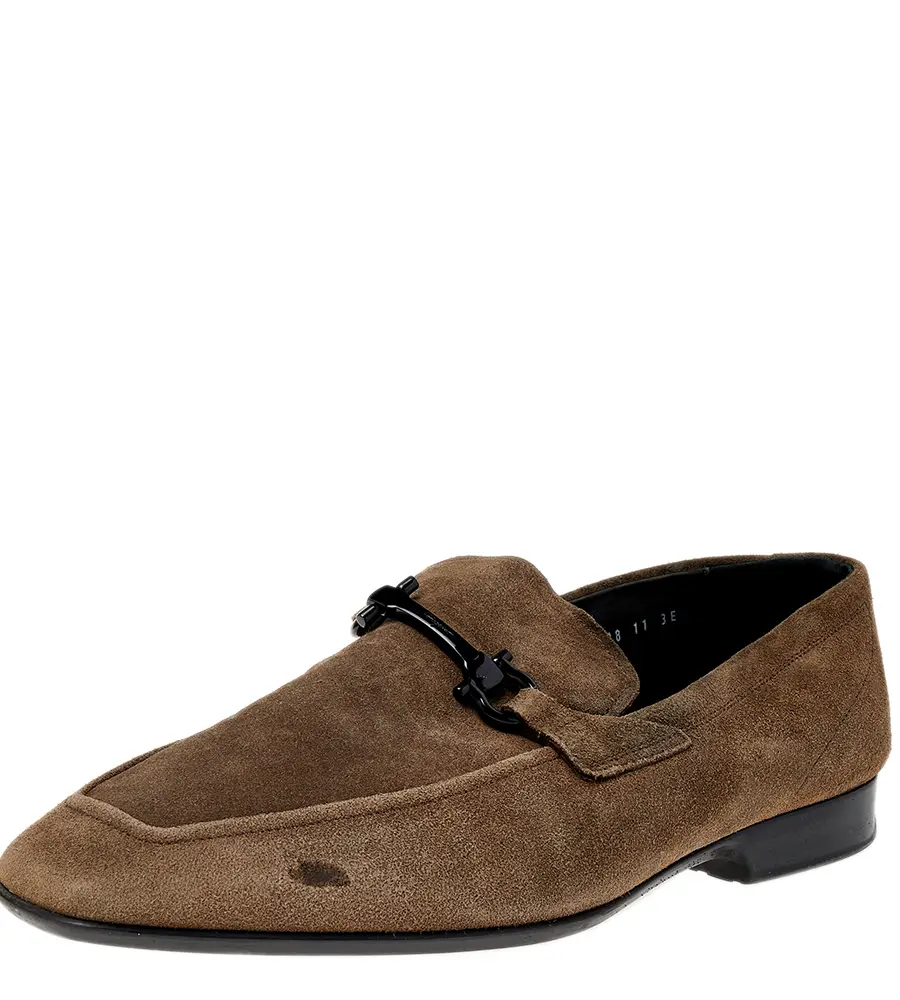 Salvatore Ferragamo Grey Suede Gancini Slip On Loafers Size 45