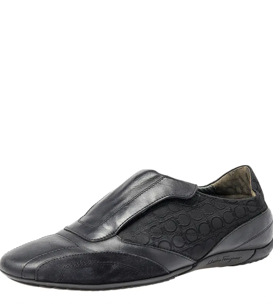 Salvatore Ferragamo Black Leather And Signature Canvas Slip On Sneakers Size 42