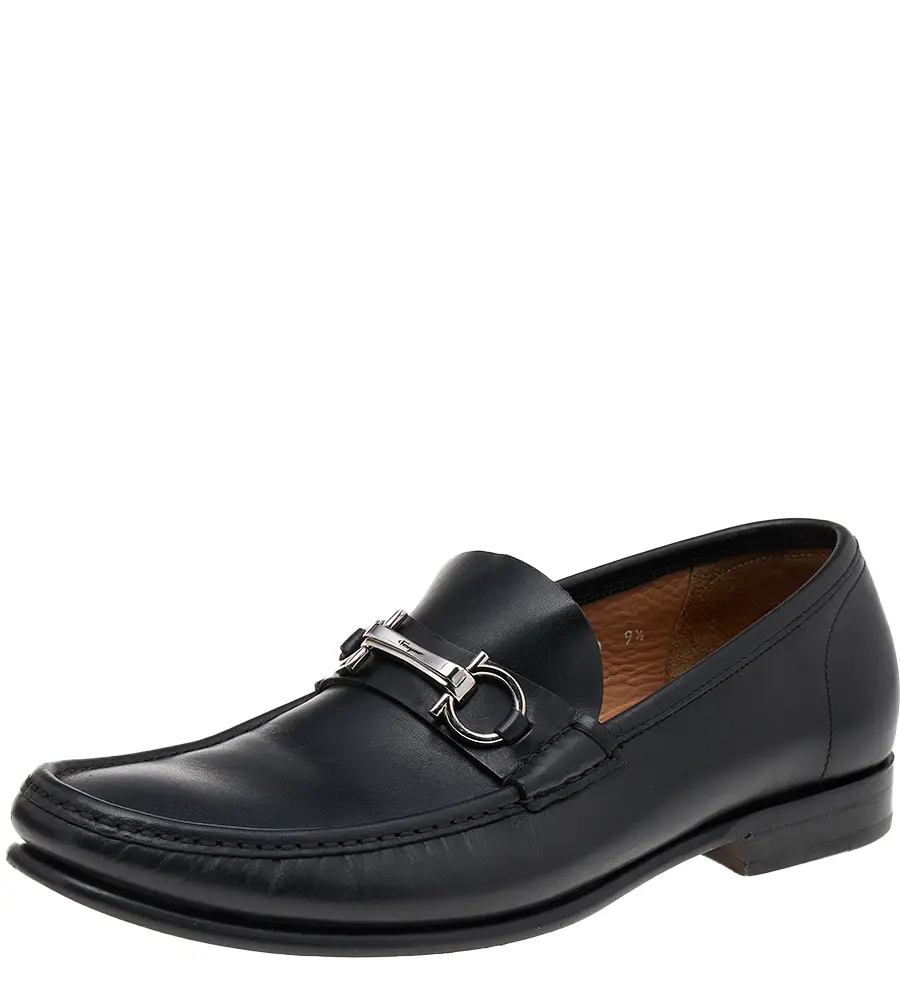 Salvatore Ferragamo Black Leather Gancio Slip On Loafers Size 43.5