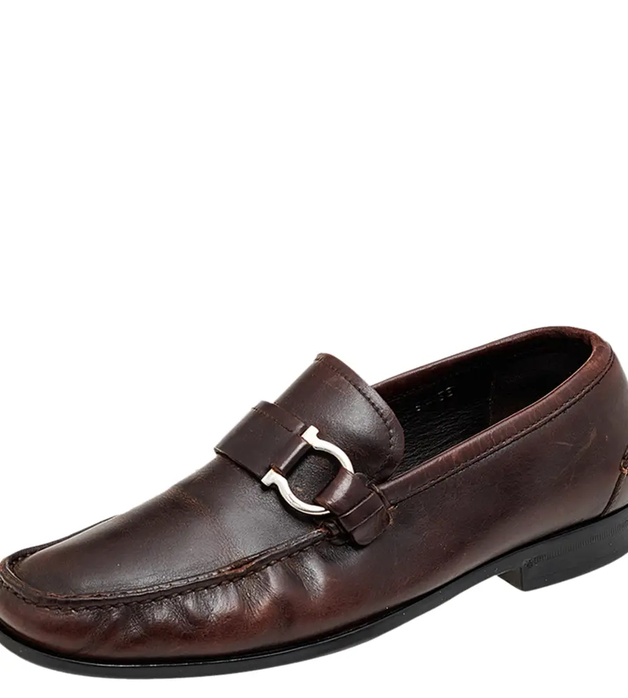 Salvatore Ferragamo Brown Leather Gancio Slip On Loafers Size 40