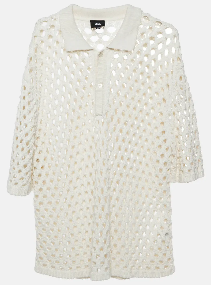 Stüssy Cream Crochet Knit Mesh Polo Sweater L