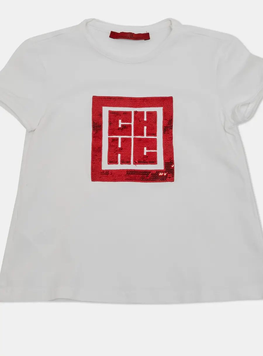 Carolina Herrera Kids White Red Sequin CH Logo T-Shirt 4 Yrs