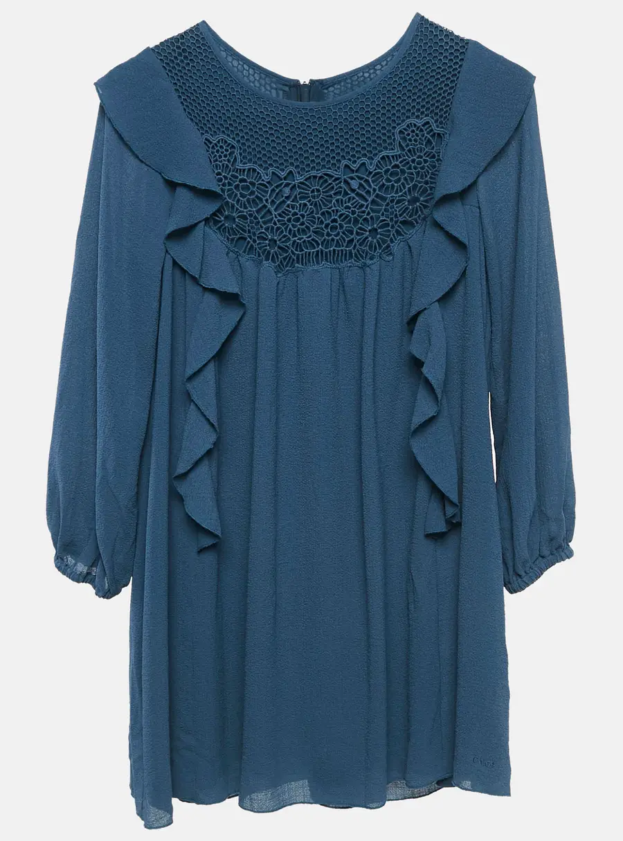 Chloe Blue Crepe Ruffled Lace Overlay Detail Dress 10 Yrs