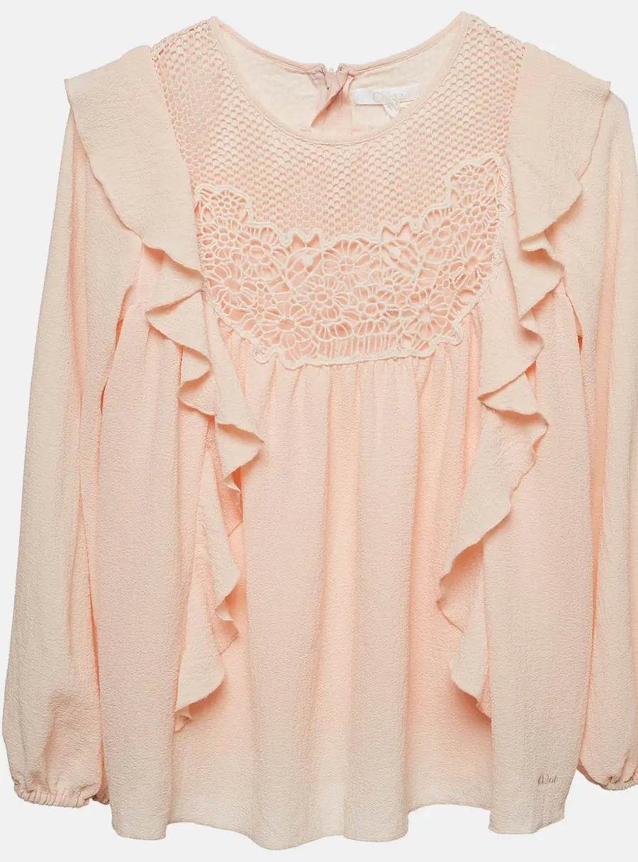 Chloe Kids Pink Lace Trim Gauze Ruffled Trim Blouse 10 Yrs