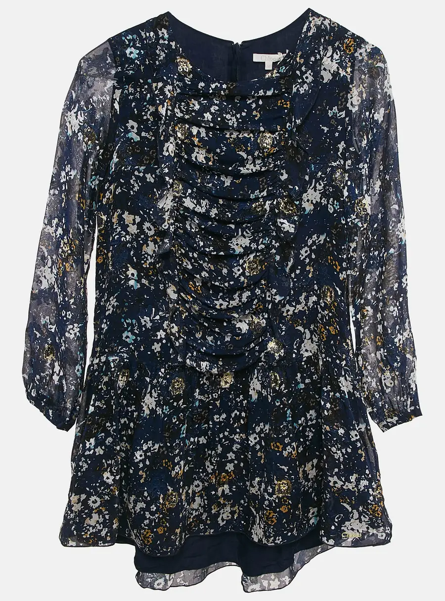 Chloe Kids Navy Blue Floral Print Fil-Coupe Silk Blend Ruffled Dress 12 Yrs
