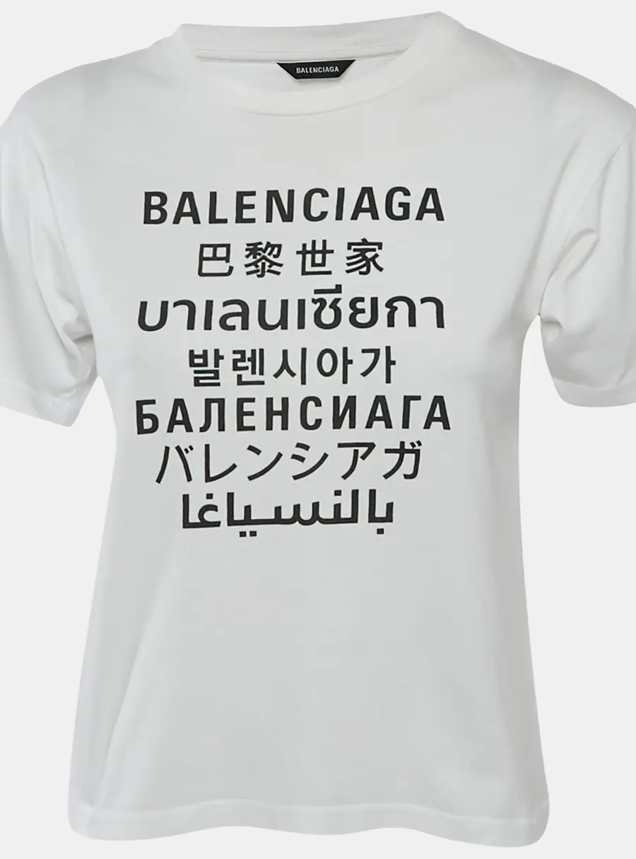 Balenciaga Kids White Printed Cotton Crew Neck T-Shirt 10 Yrs