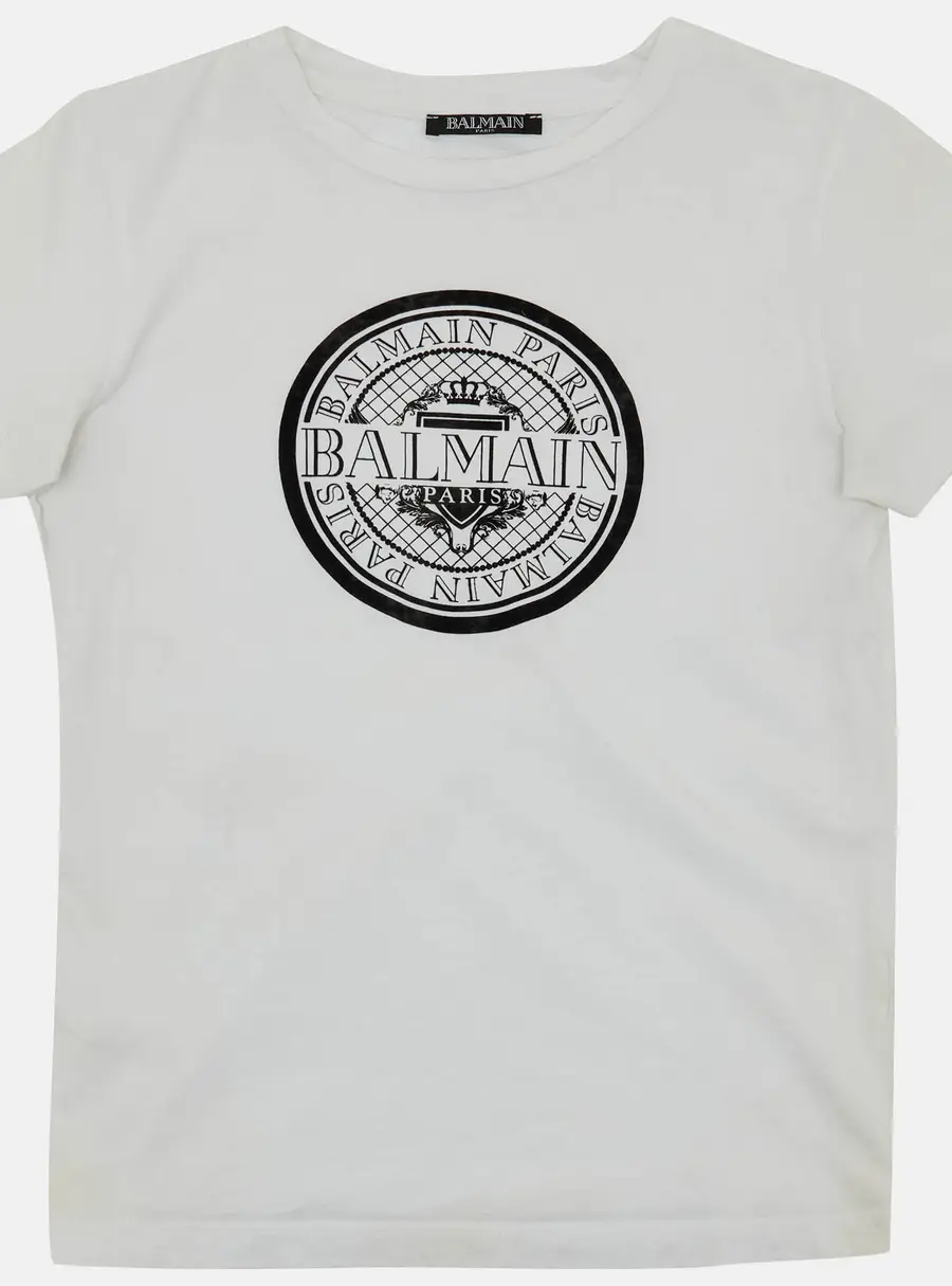 Balmain Kids White/Black Logo Applique Cotton T-Shirt 10 Yrs