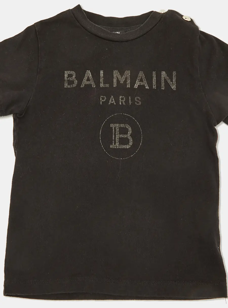 Balmain Kids Black Logo Print Cotton T-Shirt 24M