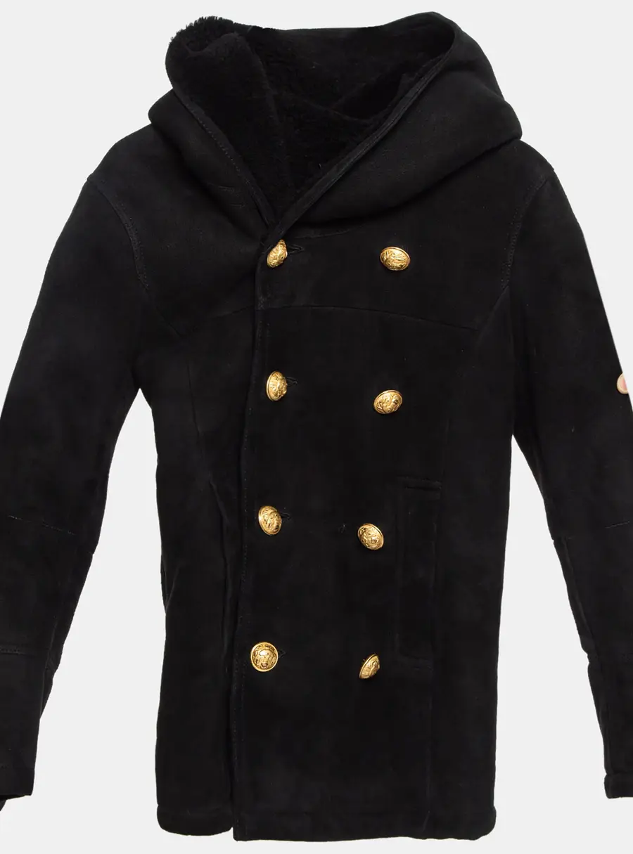 Balmain Black Wool Hooded Double Breast Shearling Coat 10A