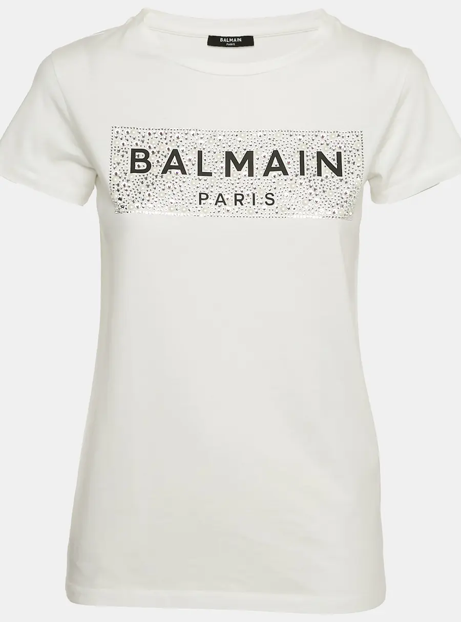 Balmain Kids White Logo Embellished Cotton Crew Neck T-Shirt 12 Yrs