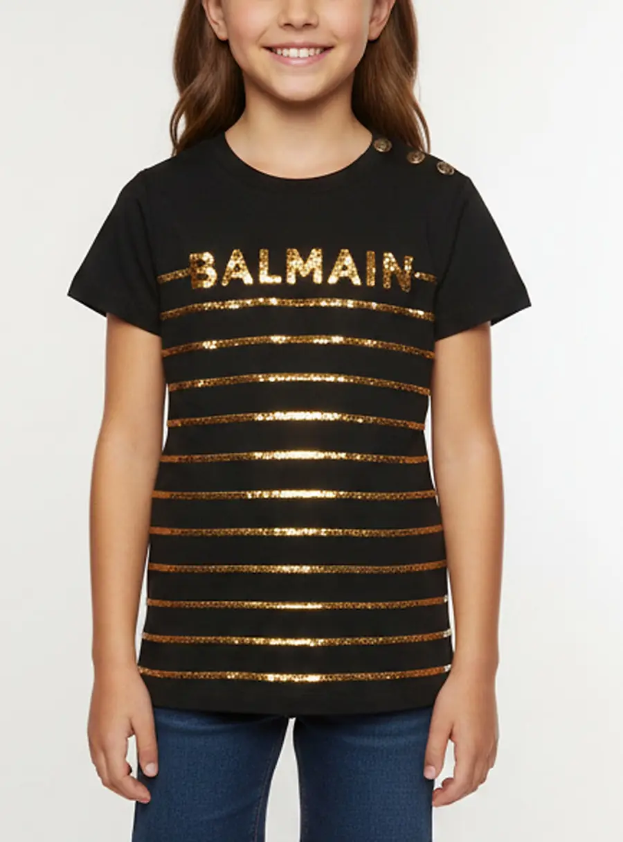 Balmain Kids Black Logo Striped Sequins Jersey T-Shirt Dress 4 Yrs