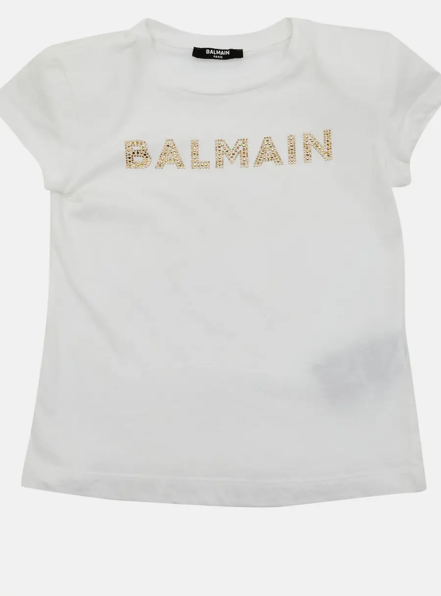 Balmain Kids White Embellished Logo Cotton Short Sleeve T-Shirt 8Yrs