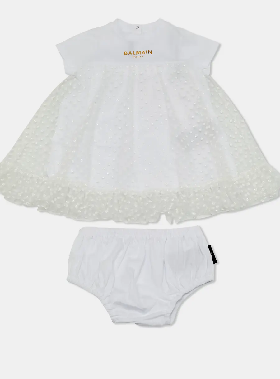 Balmain Kids White Polka Dots Gillter Cotton and Tulle Set 9M