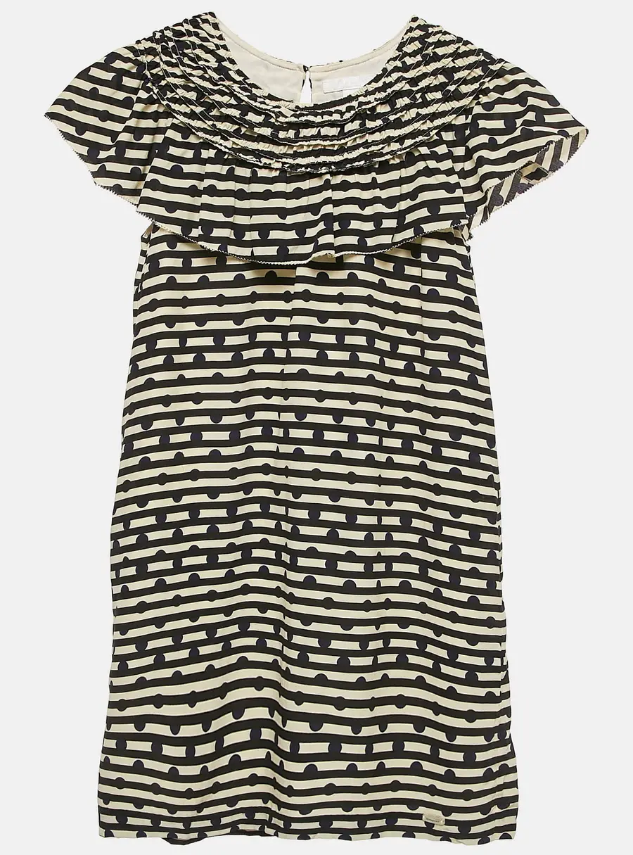 Burberry Kids Cream/Black Striped Silk Ruffed Dress 12 Yrs