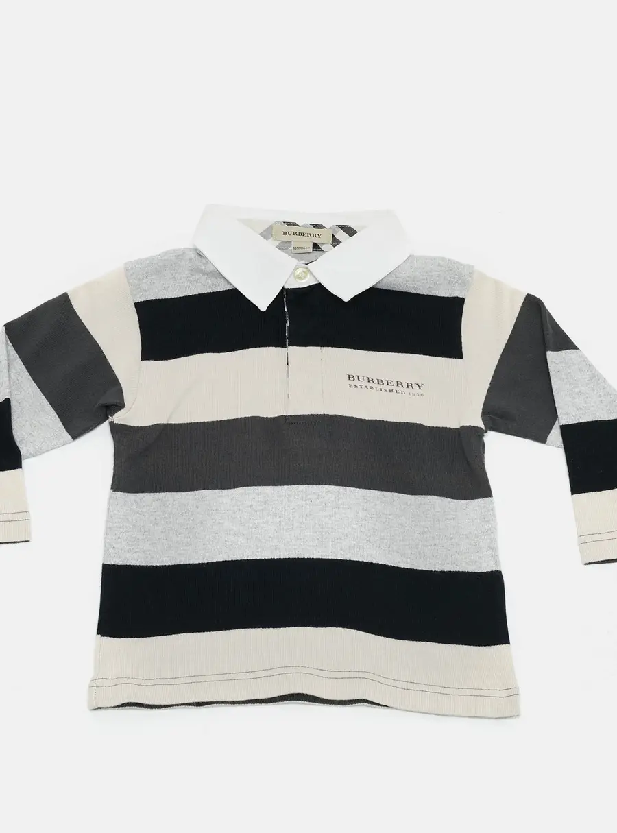 Burberry Kids Beige/Blue Striped Jersey Long Sleeve Polo T-Shirt 18M
