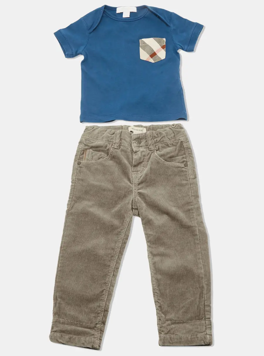 Burberry Children Blue/Beige Jersey and Corduroy  2 Piece Set 18M/9M
