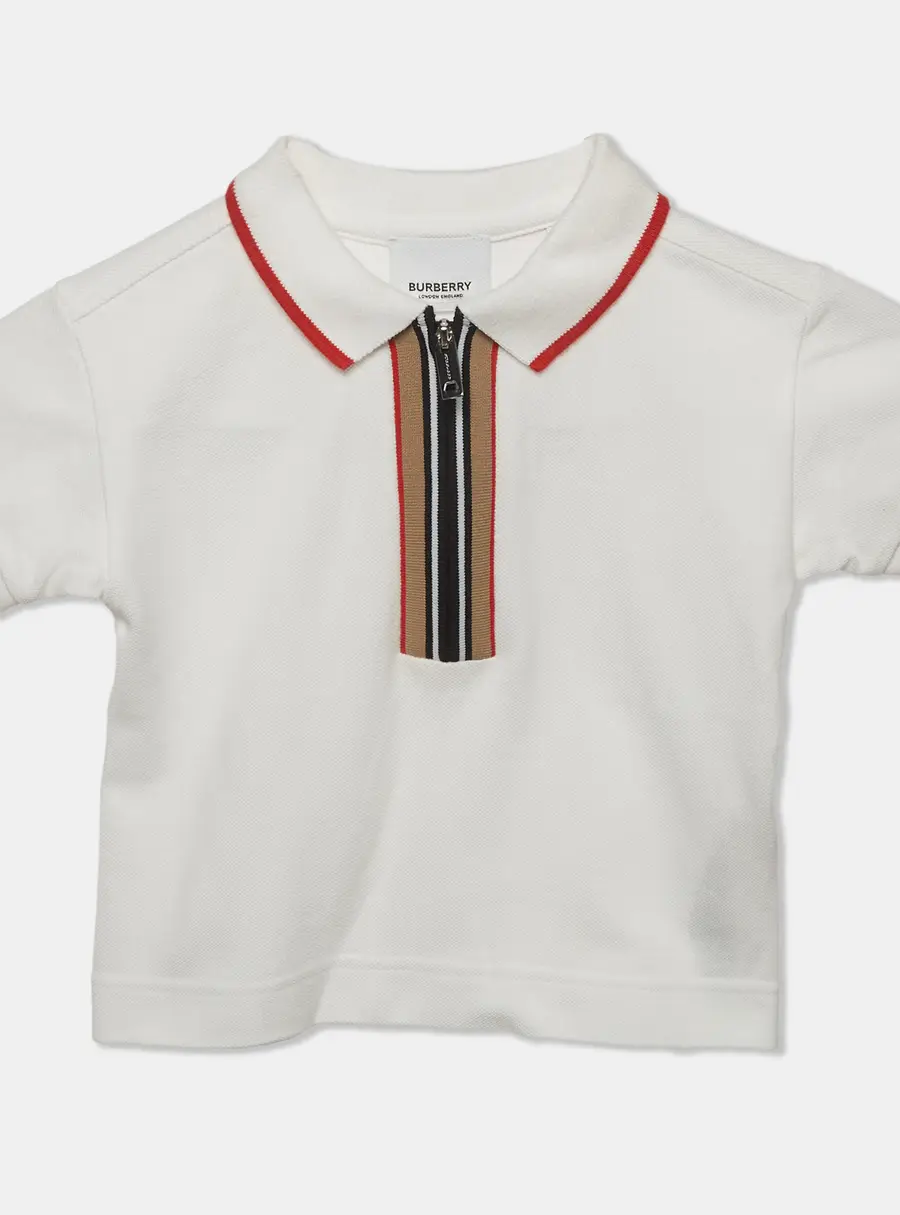 Burberry Kids White Icon Striped Pique Knit Polo Shirt 18 M