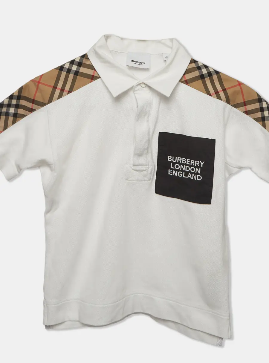 Burberry Kids White Checked Panel Pique Knit T-shirt 8 Yrs