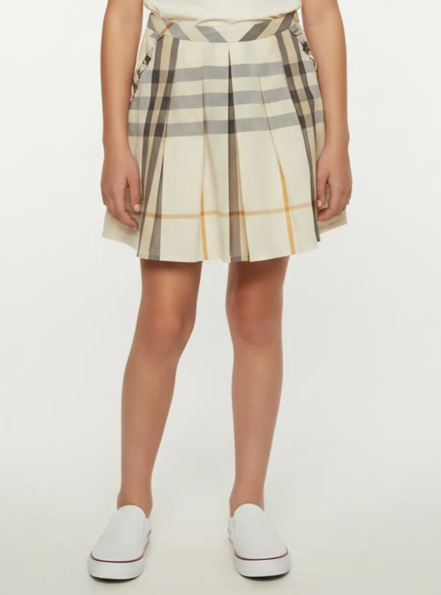 Burberry Beige Plaid Cotton Pleated Skirt 14 Yrs