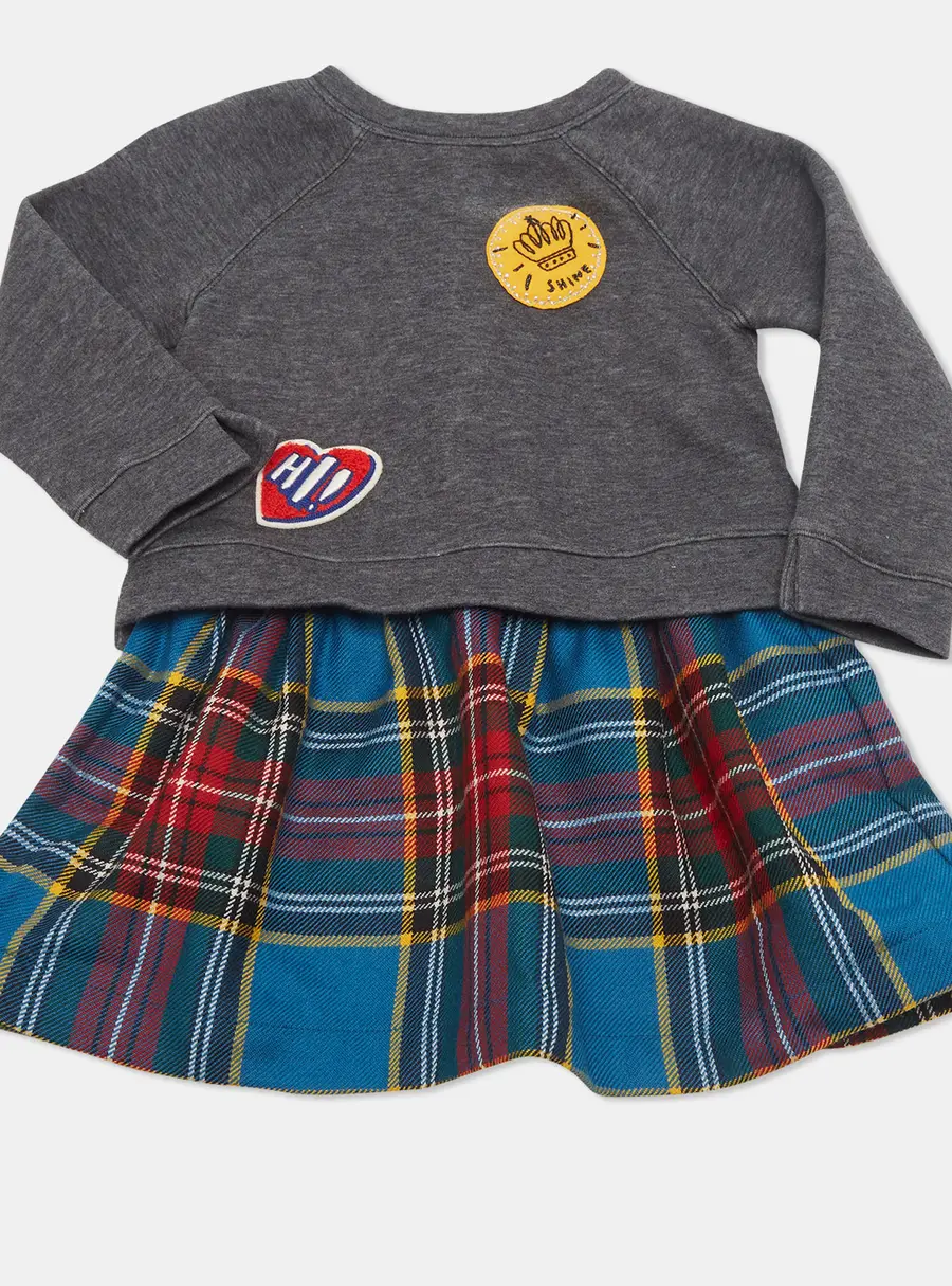 Burberry Kids Grey Plaid Pleated Sweatshirt Dress 12 M