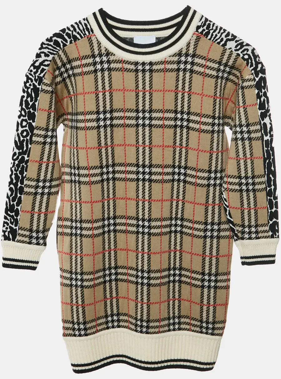 Burberry Kids Multicolor Plaid and Leopard Jacquard Knit Sweater Dress 8 Yrs