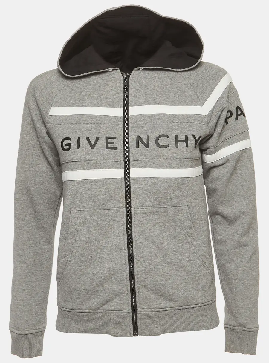 Givenchy Kids Grey Logo Striped Cotton Knit Zip-Up Hoodie 10 Yrs