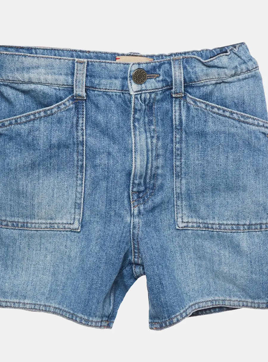 Gucci Kids Blue Cat Embroidered Denim Shorts 8 Yrs
