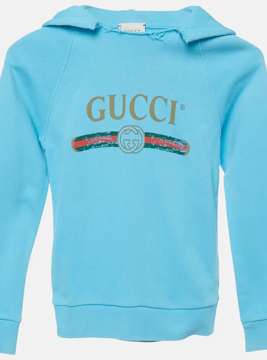 Gucci Kids Blue Logo Print Cotton Distressed Hoodie 6 Yrs